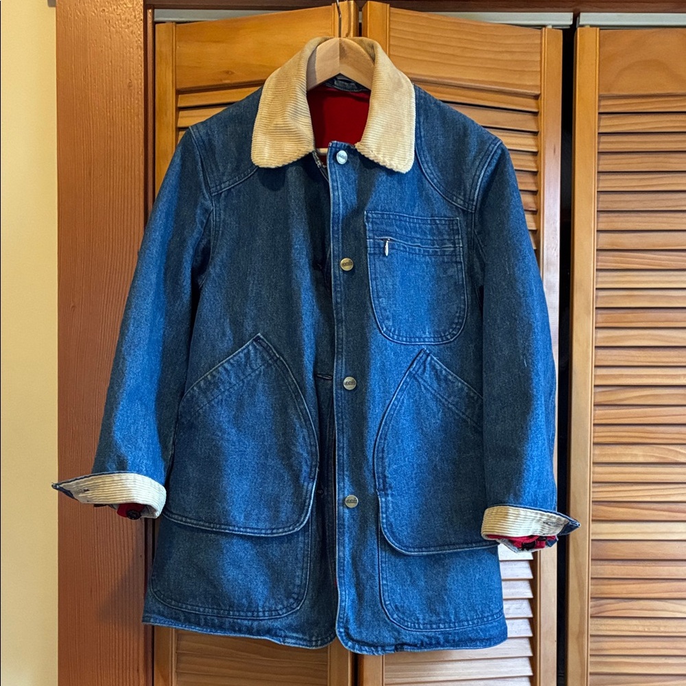 LL Bean vintage denim chore barn coat small blue wool lining